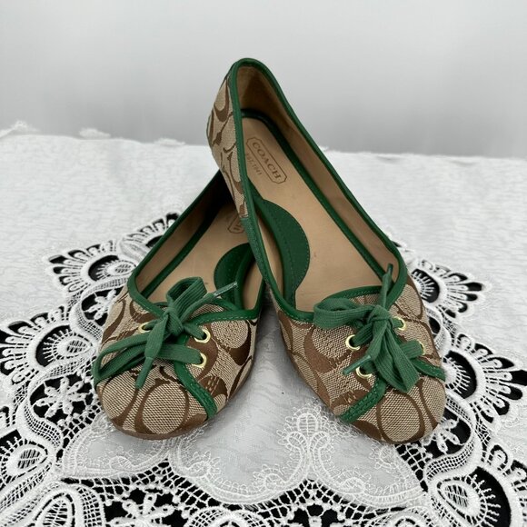 Coach, Joise Green and Brown signature flats with Green Laces US Size 7.5 - Picture 1 of 9